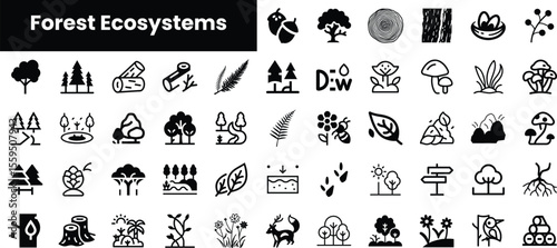 A collection of icons representing various forest ecosystems, including trees, plants, and wildlife elements in a minimalist black and white design.