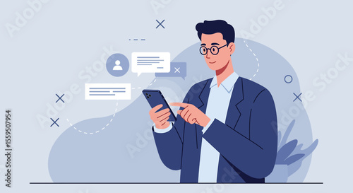 A stylish businessman wearing glasses and a blazer is engrossed in using his mobile phone, with speech bubbles indicating communication and social interaction.