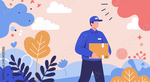 A friendly male delivery person in a blue uniform holds a package, set against a vibrant abstract background of organic shapes and clouds, representing efficient service.