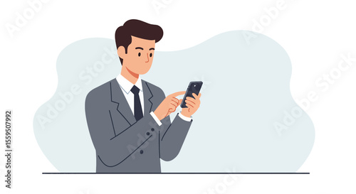 A businessman in a gray suit is depicted using a smartphone, interacting with the device in a modern, minimalist illustration, perfect for business and technology concepts.