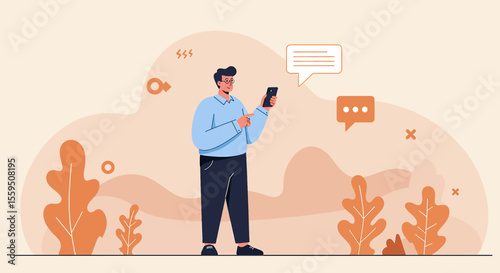a man standing outdoors, engrossed in his smartphone, which is held in his hands. Suitable for landing page, banner, marketing, web design, presentation, infographic, etc.