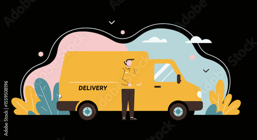 a delivery person standing next to a yellow delivery van, with the word "DELIVERY" on the side of the van. Suitable for landing page, banner, marketing, web design, presentation, infographic, etc.
