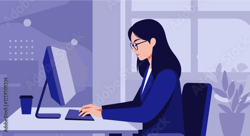 a woman seated at a desk, engrossed in work on a computer, with a coffee cup and plant in the background. Suitable for landing page, banner, marketing, web design, presentation, infographic, etc.