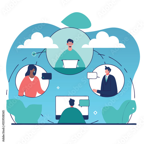 Diverse team collaborating remotely using video conferencing and digital communication tools