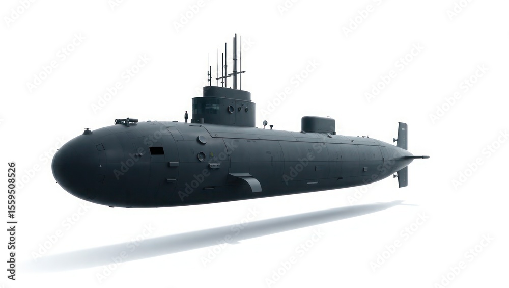 Obraz premium A sleek, dark grey submarine floats against a stark white background, showcasing its streamlined hull and advanced technology.