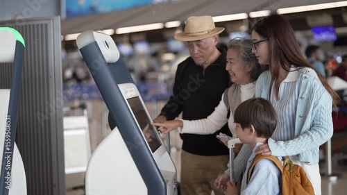 Asian family using airport self check-in kiosk together, multigenerational group interacting with digital screen, modern travel process with child exploring, technology and convenience for travelers