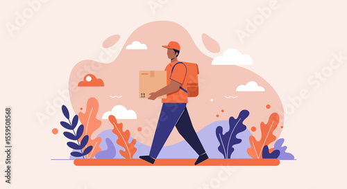 A modern flat illustration shows a delivery person with a backpack carrying a package through a stylized natural landscape with organic shapes and plants.