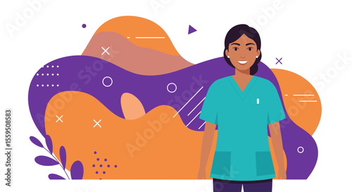 A friendly female nurse in teal scrubs stands confidently against a vibrant, abstract background, illustrating modern healthcare professionalism.