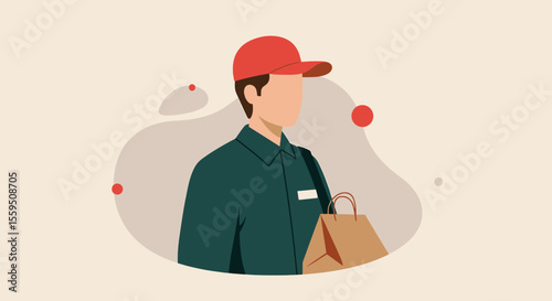 A faceless male delivery person in a green uniform and red cap carries a brown paper bag, representing efficient online order service.