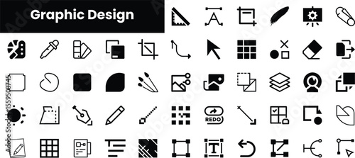 A collection of minimalist graphic design icons in black and white, showcasing tools and elements essential for designers to create visual content.