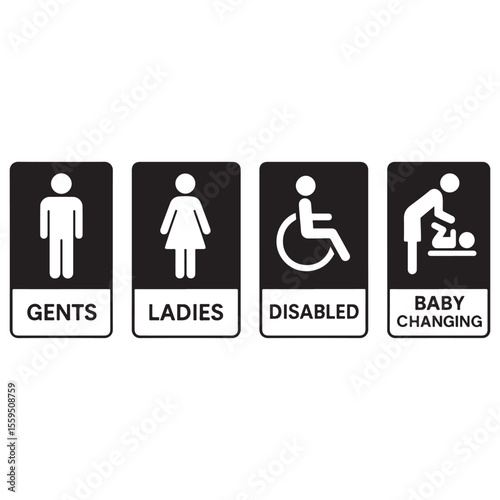 Washroom signs. Restroom or toilet door sign set containing gents, ladies, disabled, baby changing