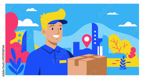 A friendly delivery man smiles as he carries a package in a vibrant, stylized cityscape, representing efficient and reliable urban delivery services.