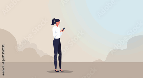 A professional woman in business attire uses her mobile phone while standing outdoors against a soft, abstract sky background.
