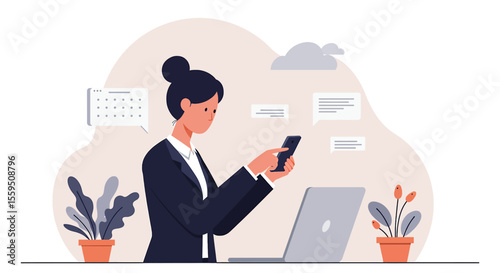 A professional businesswoman efficiently manages her digital tasks, communicating and scheduling on her smartphone and laptop in a modern office setting.