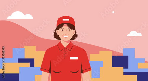 Friendly female worker in a red uniform and cap smiles confidently against a stylized cityscape background with soft clouds.