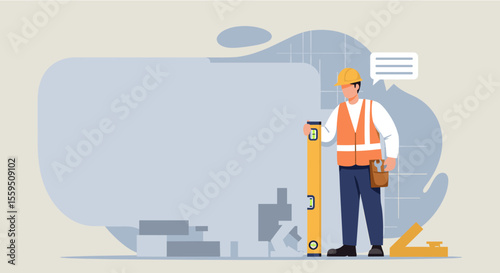 A professional construction worker in a hard hat and safety vest meticulously checks the level on a building site, depicted in a modern flat illustration style.