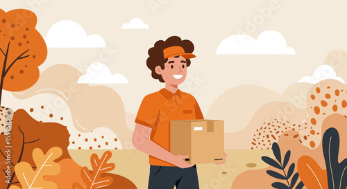 a cheerful delivery person holding a package against a backdrop of a serene landscape with trees and clouds. Suitable for landing page, banner, marketing, web design, presentation, infographic, etc.