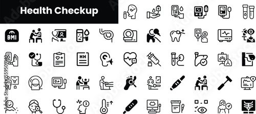 A collection of diverse health checkup icons depicting various medical procedures and health assessments, featuring themes of wellness and healthcare.