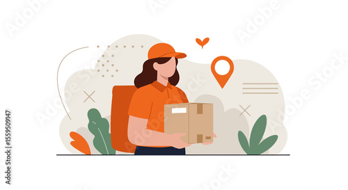 A friendly delivery person in an orange uniform carries a package, symbolizing efficient logistics and fast shipping services with a modern abstract background.