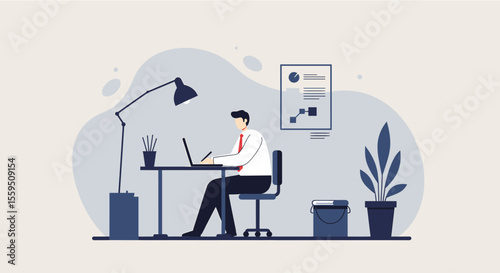 a man seated at a desk, engrossed in work on a laptop, with a lamp illuminating the workspace. Suitable for landing page, banner, marketing, web design, presentation, infographic, etc.