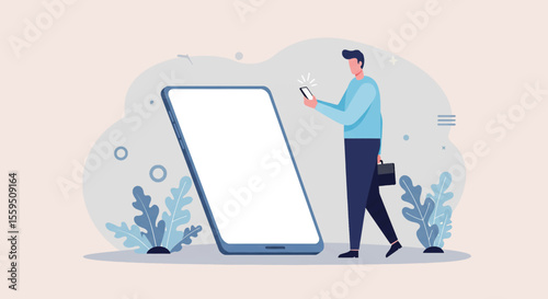 a man standing next to a large smartphone with a blank screen, surrounded by plants and abstract shapes. Suitable for landing page, banner, marketing, web design, presentation, infographic, etc.