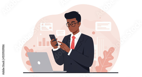 a man in a suit and glasses, engrossed in his phone, with a laptop and office-like setting in the background. Suitable for landing page, banner, marketing, web design, presentation, infographic, etc.