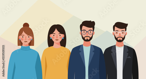four stylized individuals standing in a line against a geometric background. Suitable for landing page, banner, marketing, web design, presentation, infographic, etc.
