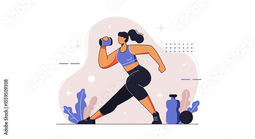 A strong woman in athletic wear performs a lunge exercise with a dumbbell, depicted in a modern flat vector illustration style.