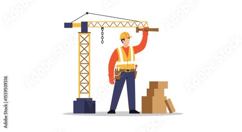 A construction worker in a hard hat and safety vest stands confidently next to a large tower crane and building materials.
