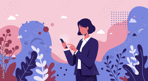 a woman in a suit is standing in a field of plants