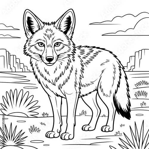 Illustration vector of a coyote line drawing coloring page