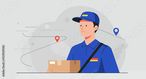 A friendly male delivery person in a blue uniform holds a package, with a map route and location pins in the background, illustrating efficient parcel delivery services.