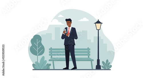 a man in a suit standing next to a bench