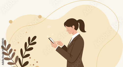 a woman in a brown suit engrossed in her smartphone. Suitable for landing page, banner, marketing, web design, presentation, infographic, etc.