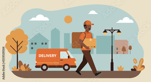 A delivery man walks down a city street with a package, with a delivery van and buildings in the background, conveying efficient urban logistics.