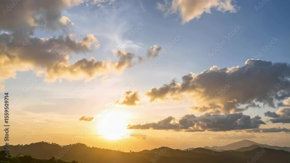 Bright sun bursts over distant mountain ridges with billowing clouds in blue gradient sky at golden hour