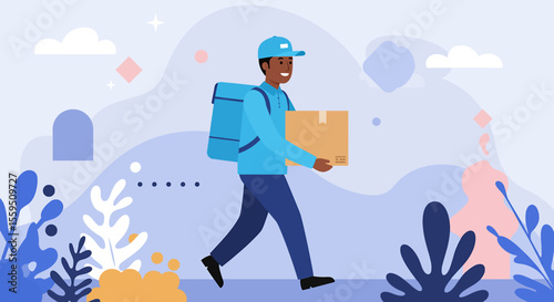 A delivery man wearing a blue uniform and carrying a package walks through an abstract landscape, representing fast and reliable delivery services in a modern style.