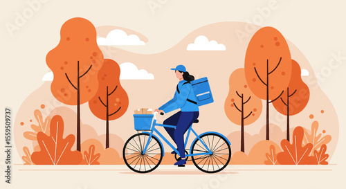 A person is riding a bicycle with a basket in a park with orange trees and a cloudy sky in the background. Suitable for landing page, banner, marketing, web design, presentation, infographic, etc.