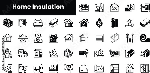 A collection of black and white icons representing various aspects of home insulation, including materials, tools, and techniques for energy efficiency.