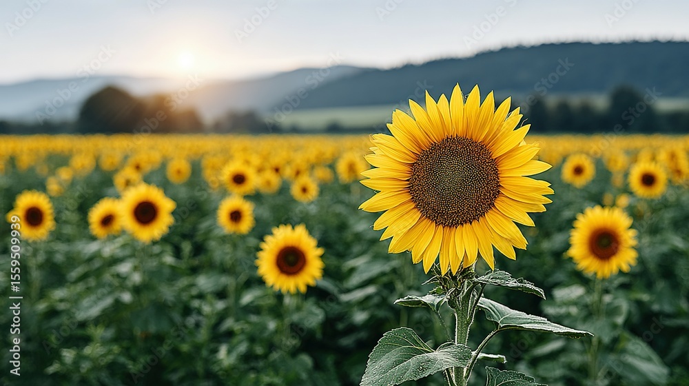 Fototapeta premium A field of sunflowers at dawn.