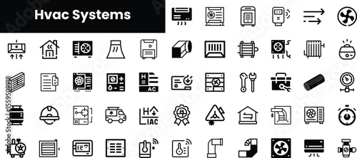 A collection of black and white icons representing various HVAC systems, including air conditioners, fans, thermostats, and maintenance tools.
