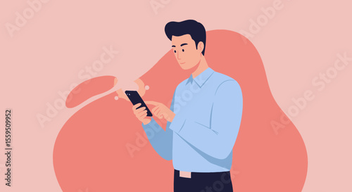 a man standing against a pink background, focused on his smartphone. Suitable for landing page, banner, marketing, web design, presentation, infographic, etc.