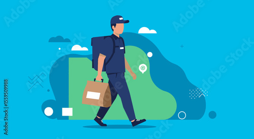 A professional male courier walks with a delivery bag and a package, illustrating efficient online food and parcel delivery services.