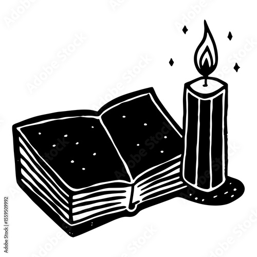 Book and candle vector in silhouette style—great for bookmarks, antique posters, or vintage reading promotions.