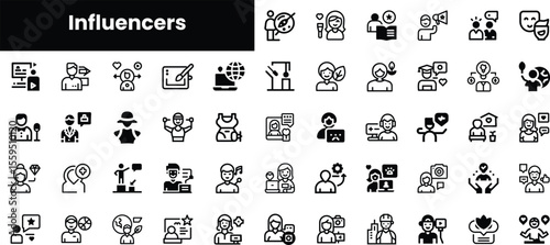 A diverse collection of influencer-related icons, showcasing various aspects like social media, communication, and community engagement.