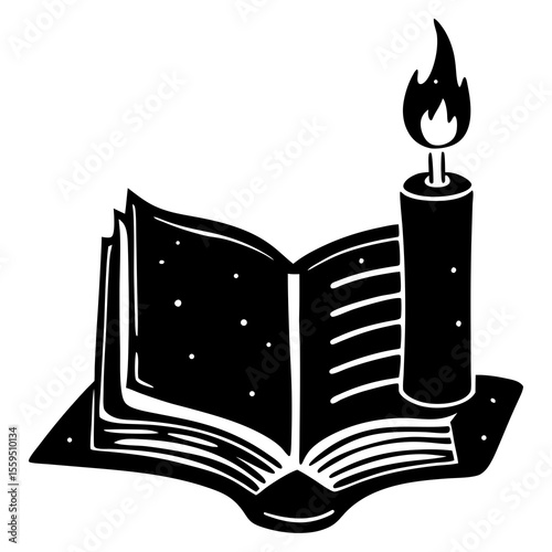 Classic black silhouette of a book and candle—perfect for retro bookshop branding, Halloween reading themes, or quiet night scenes.