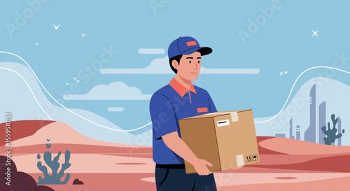 a delivery person in a blue uniform carrying a cardboard box. Suitable for landing page, banner, marketing, web design, presentation, infographic, etc.