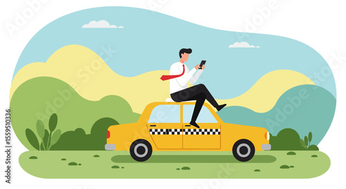 a man is sitting on the top of a taxi car
