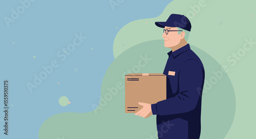 A senior delivery person in a blue uniform confidently carries a cardboard box, showcasing reliable delivery service against a pastel background.