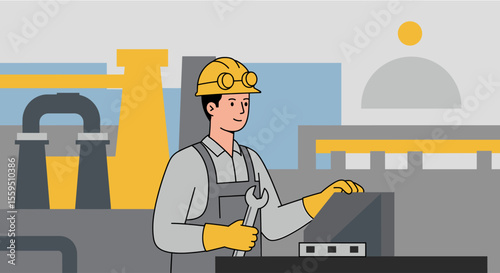 Fotografija A cartoon illustration depicts a smiling factory worker in safety gear holding a wrench, set against the backdrop of industrial machinery and pipes inside a plant